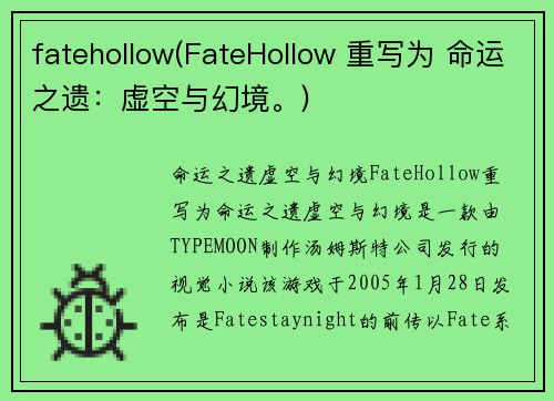 fatehollow(FateHollow 重写为 命运之遗：虚空与幻境。)